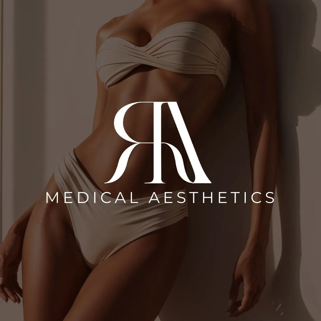 RA Medical Aesthetics brand mark over a warm-toned editorial portrait